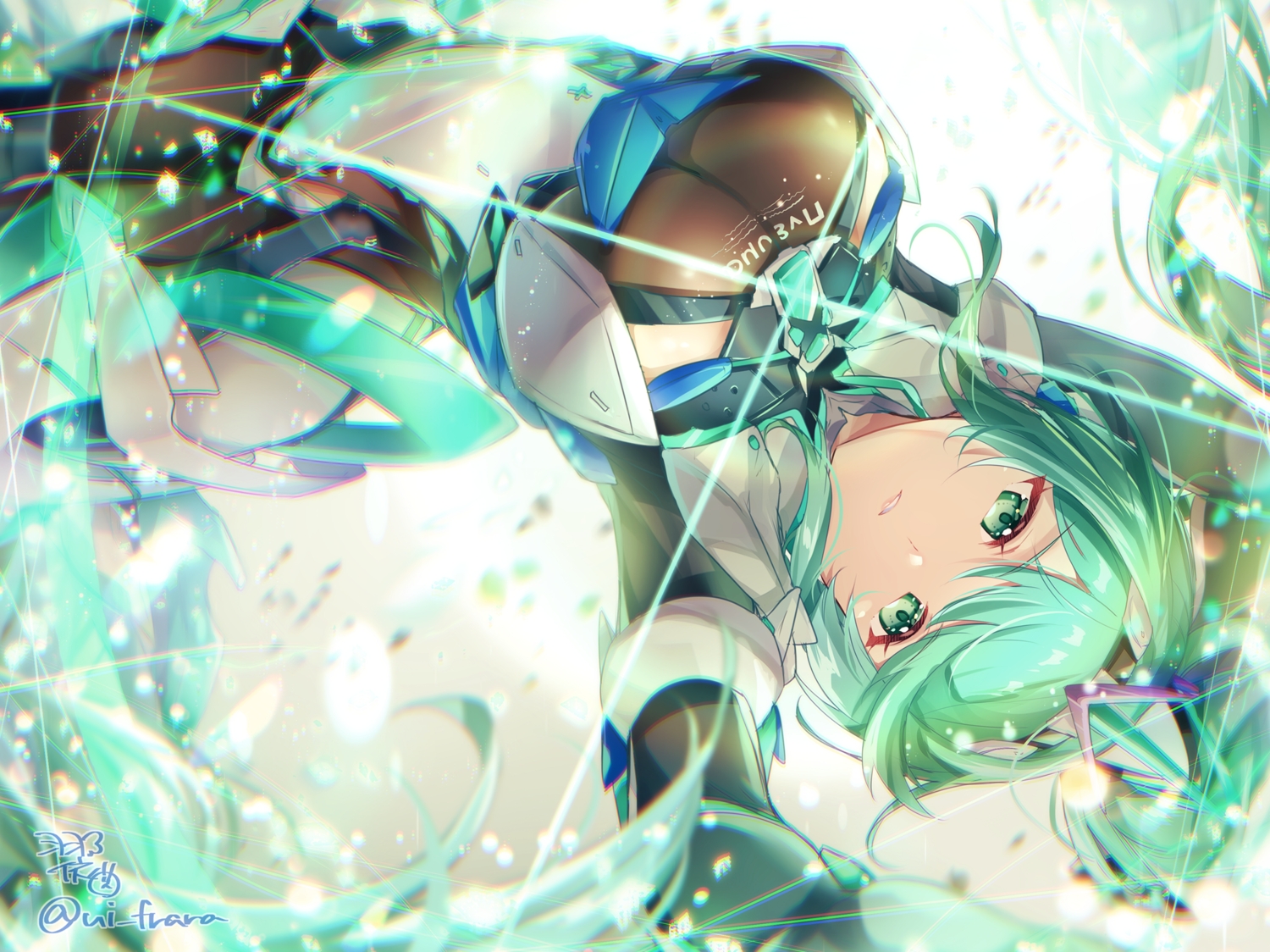 bodysuit, breasts, green_eyes, green_hair, headdress, long_hair, magic, pneuma_(xenoblade)