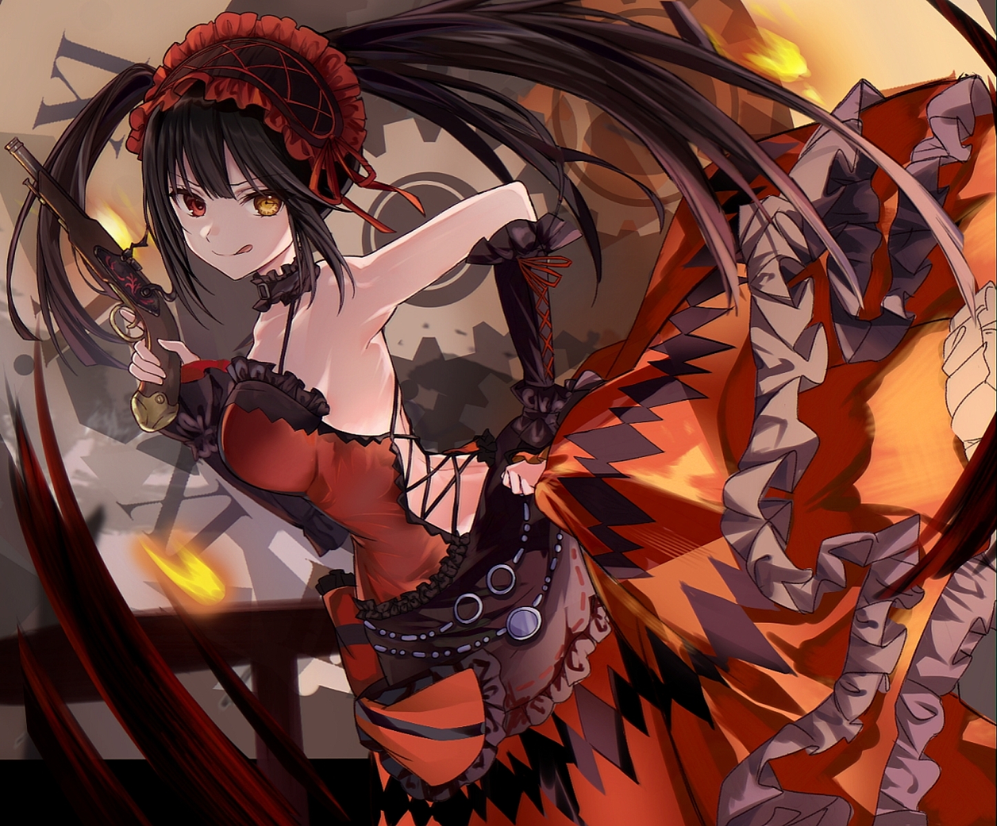bicolored_eyes, black_hair, collar, date_a_live, dress, goth-loli, gun, headdress, lolita_fashion, long_hair, saint_laurent_paris, tokisaki_kurumi, twintails, weapon