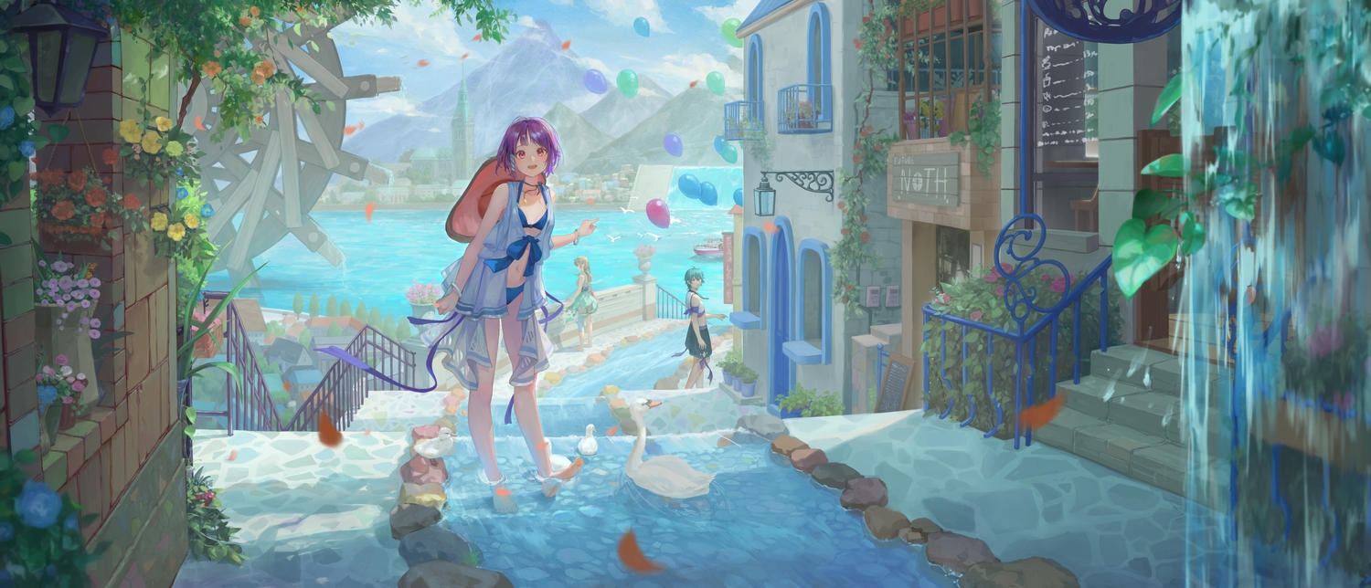 animal, aqua_hair, barefoot, bikini, bird, bow, brown_hair, building