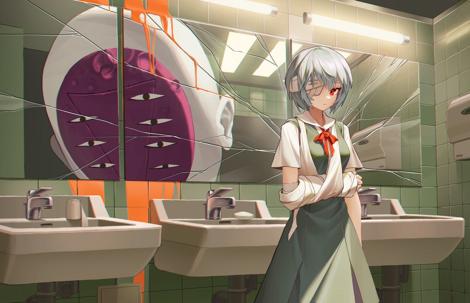 ayanami_rei, bandage, bath, eyepatch, gray_hair, hanho, mirror, neon_genesis_evangelion