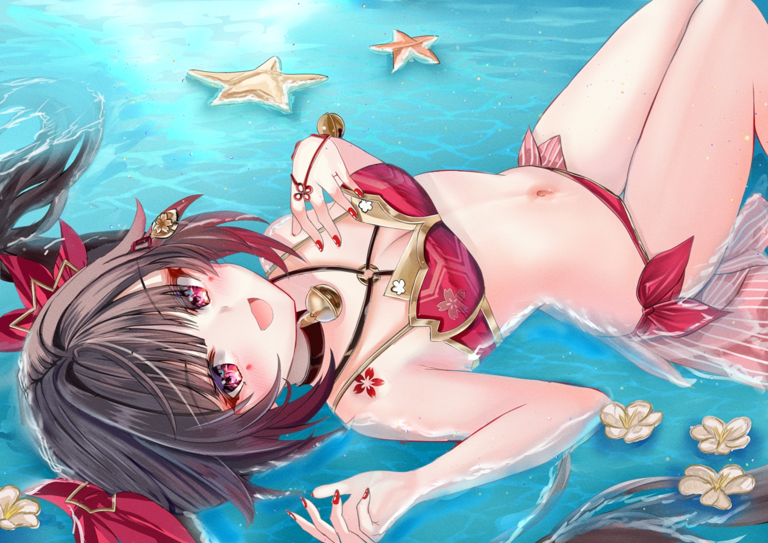 bell, bikini, breasts, brown_hair, cat_smile, choker, cleavage, flowers