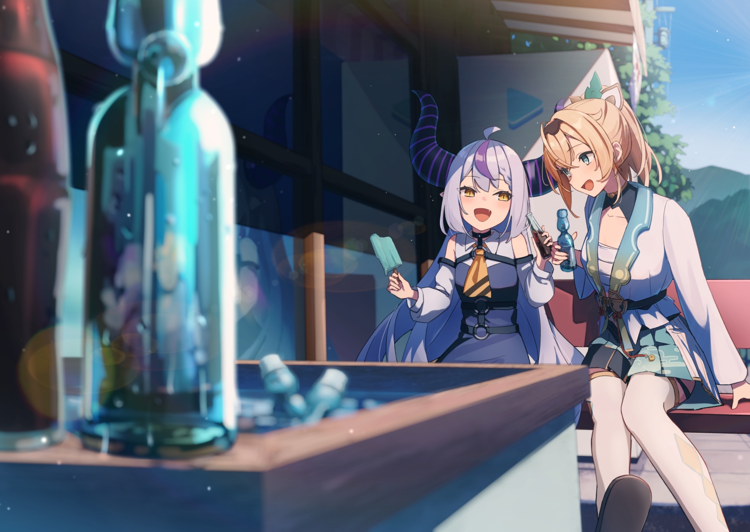 2girls, aliasing, aqua_eyes, blonde_hair, blush, braids, building, choker