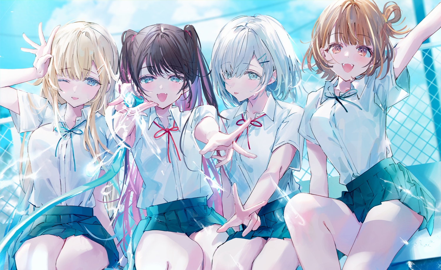 aizawa_ema, aqua_eyes, black_hair, blonde_hair, blue_eyes, blush, bow, brown_hair