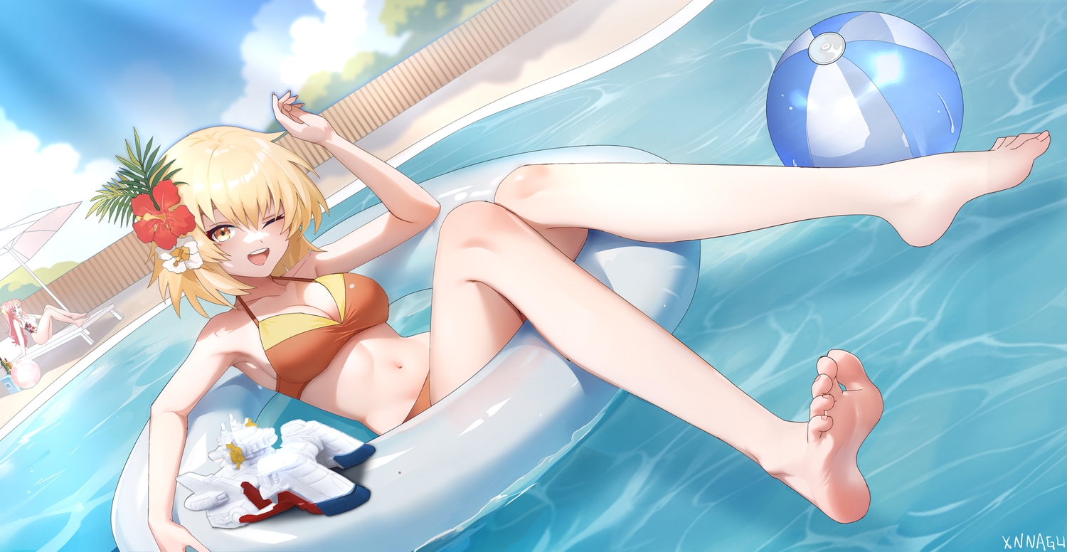 2girls, ball, barefoot, bikini, blonde_hair, breasts, cagalli_yula_athha, cleavage