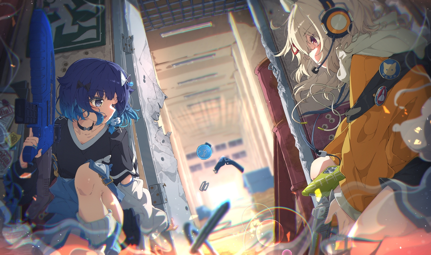 2girls, ama_rei, blonde_hair, blue_eyes, blue_hair, blush, choker, gun, headphones, hood, komori_met, long_hair, microphone, phone, pink_eyes, short_hair, tsumugi_kokage, vspo!, weapon, wink