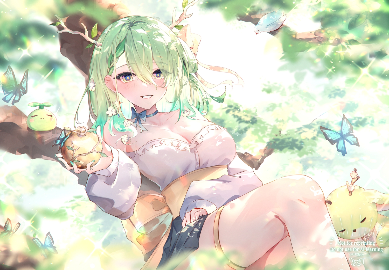animal, apple, bird, blush, bow, braids, breasts, butterfly
