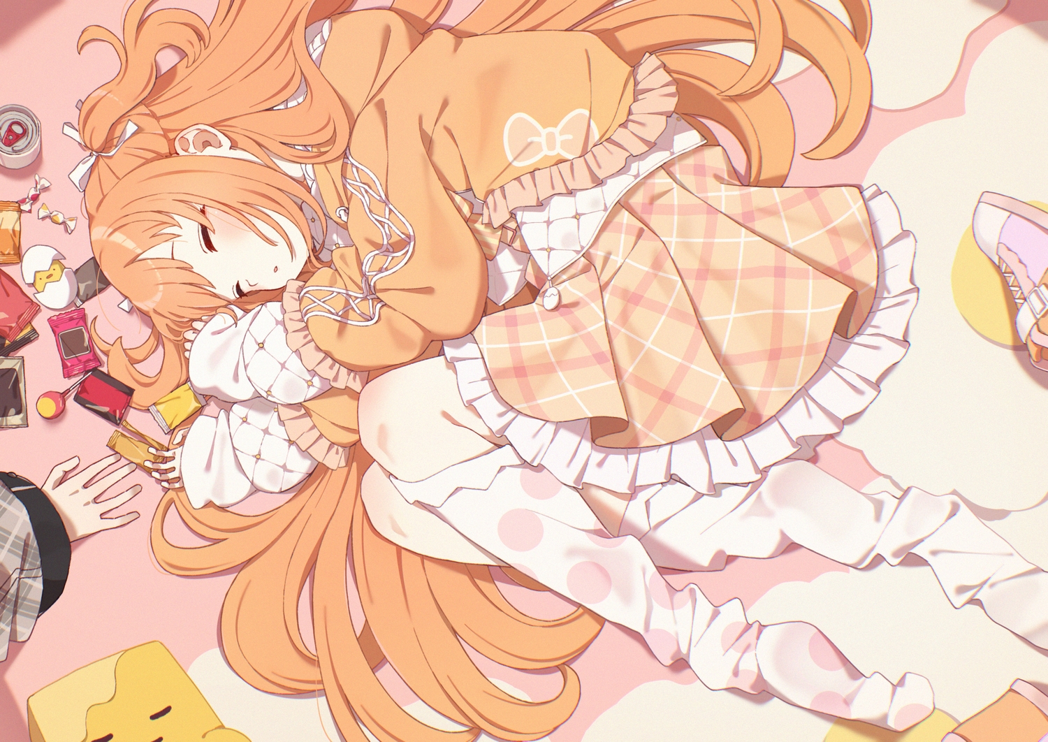 blush, candy, dress, drink, hood, kirara_tamako, loli, lollipop, long_hair, mochi_(m0chi0000), nijisanji, orange_hair, sleeping, twintails