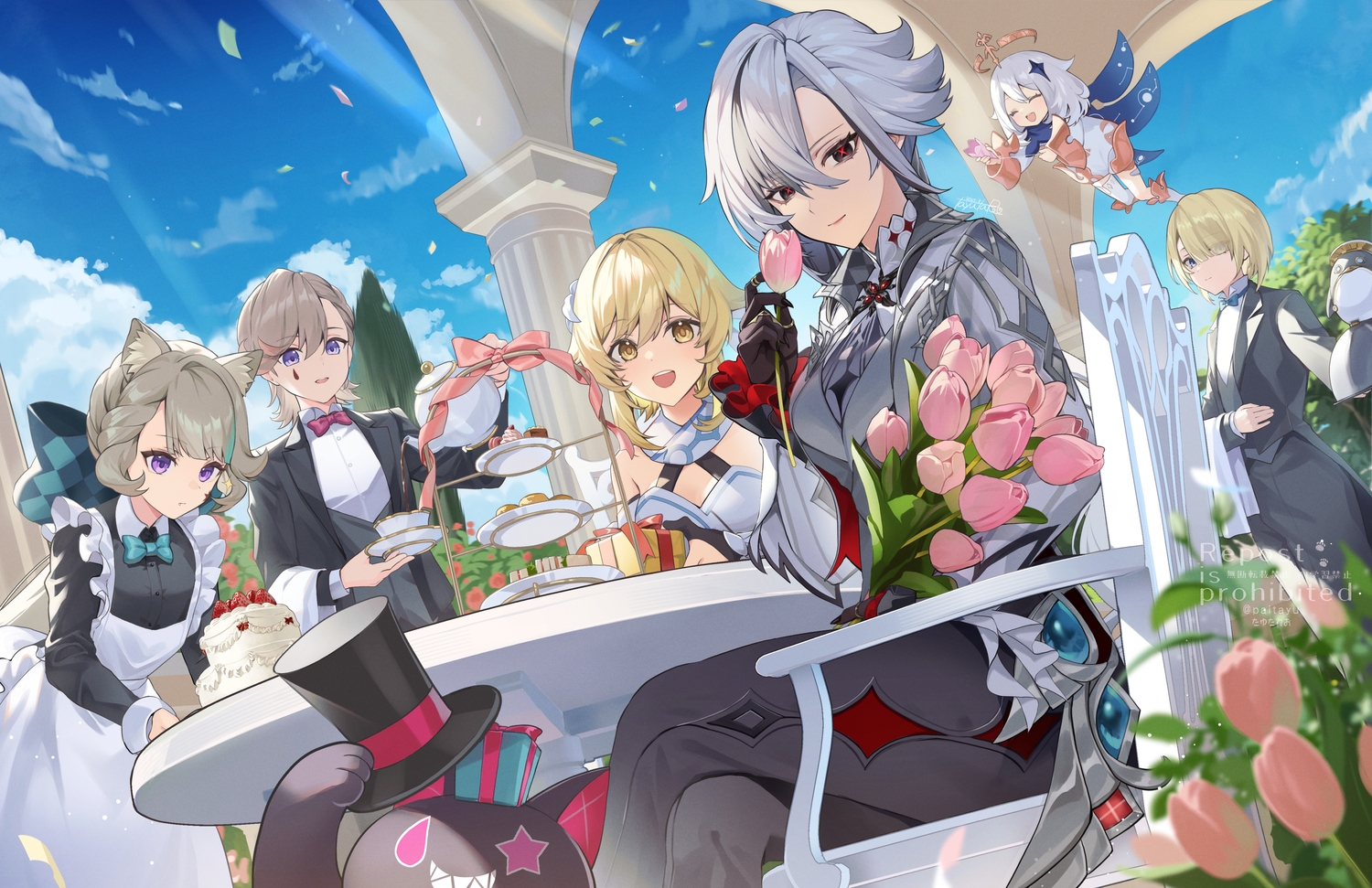 arlecchino_(genshin_impact), blonde_hair, braids, cake, catgirl, clouds, drink, flowers