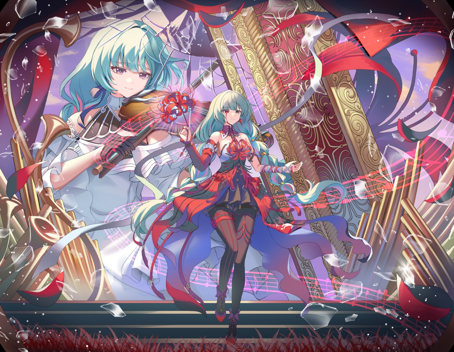 aliasing, aqua_hair, bicolored_eyes, blood, bow, braids, dress, flowers
