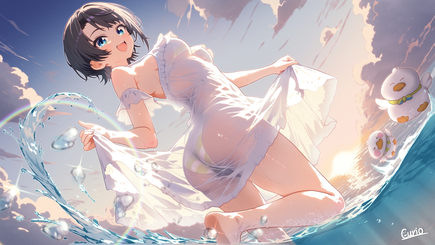 animal, aqua_eyes, ass, barefoot, bikini, bird, black_hair, blush, breasts, clouds, curio_(curiofinity), duck, hololive, oozora_subaru, see_through, short_hair, signed, skirt_lift, sky, sunset, swimsuit, water, wet