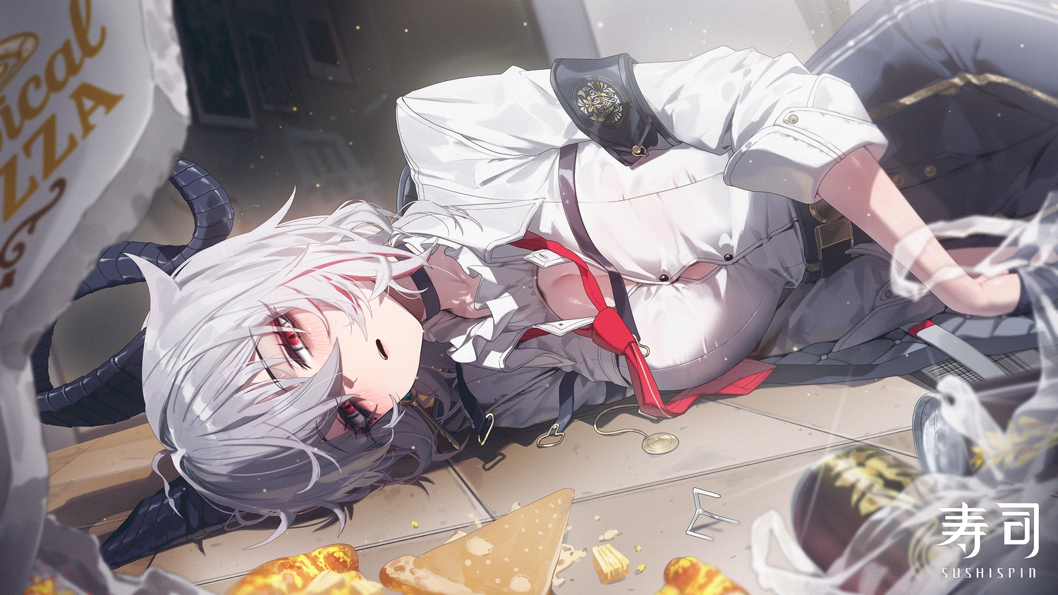 blush, breasts, choker, cleavage, drink, food, gloves, gray_hair, horns, no_bra, open_shirt, pizza, red_eyes, shirt, short_hair, sushispin, tie, watermark, wuthering_waves, zani_(wuthering_waves)
