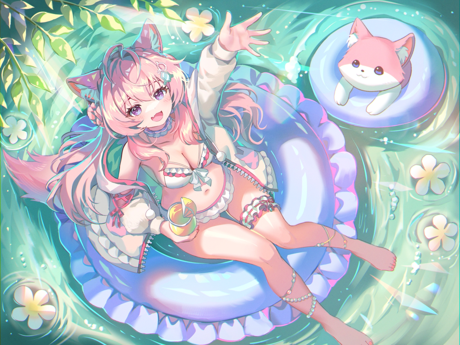animal_ears, barefoot, bikini, blush, braids, breasts, cat_smile, choker