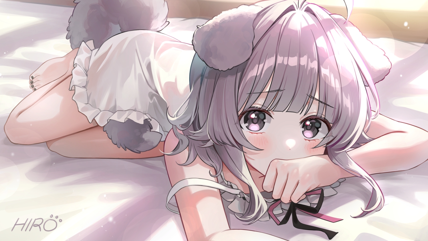 animal_ears, barefoot, bed, blush, bow, close, doggirl, dress, gray_eyes, gray_hair, original, rounizm, signed, tail