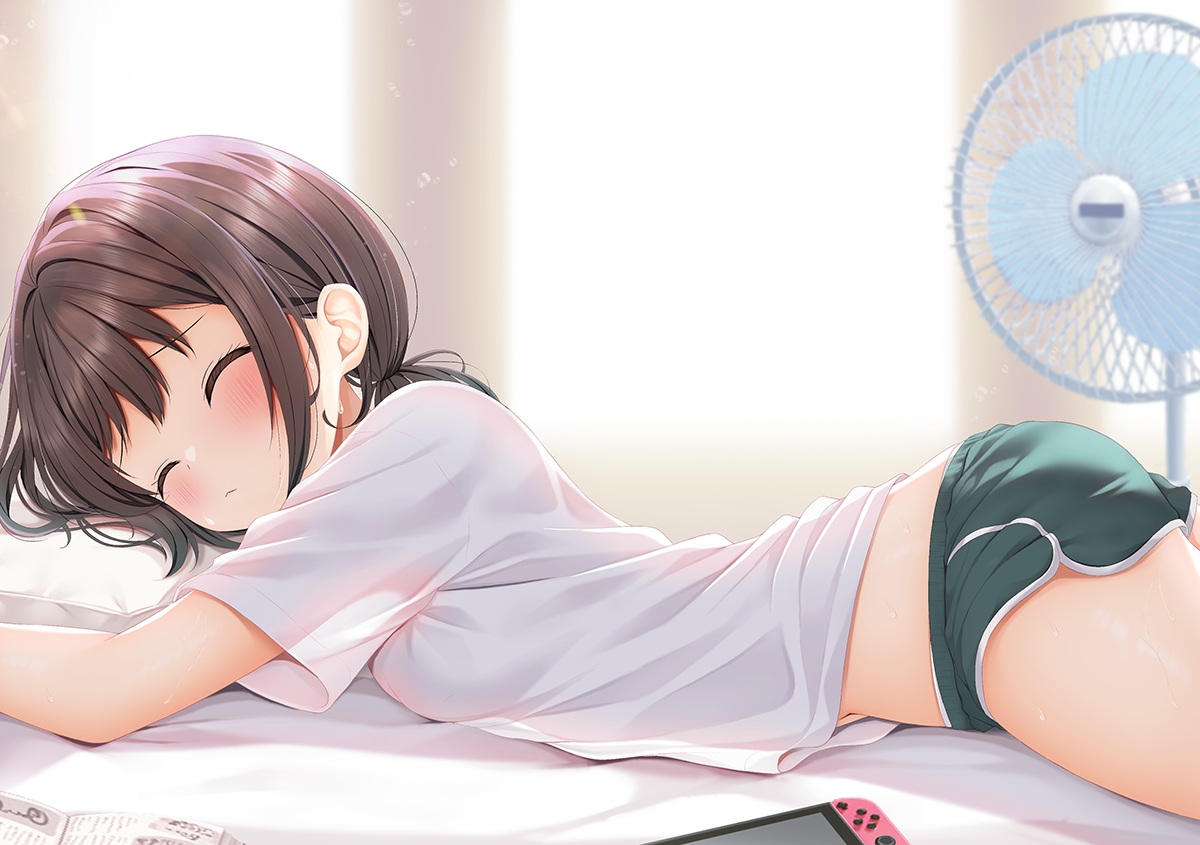 bed, blush, book, brown_hair, fan, game_console, minato_(ojitan_gozaru), original