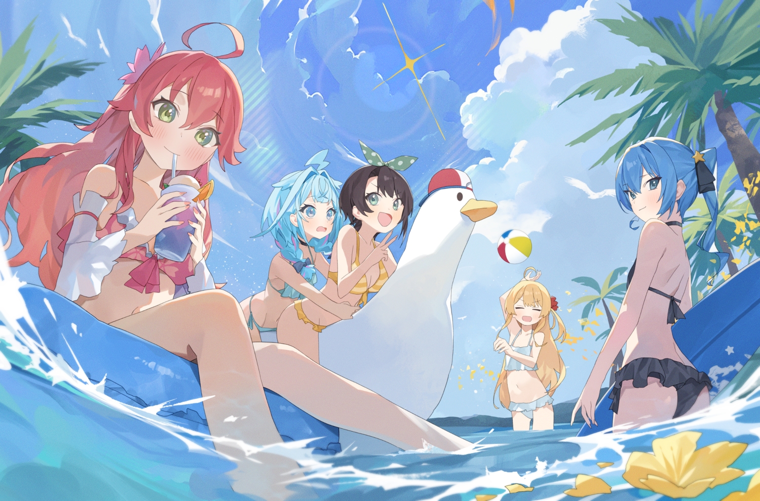 ball, bikini, black_hair, blonde_hair, blue_eyes, blue_hair, blush, braids
