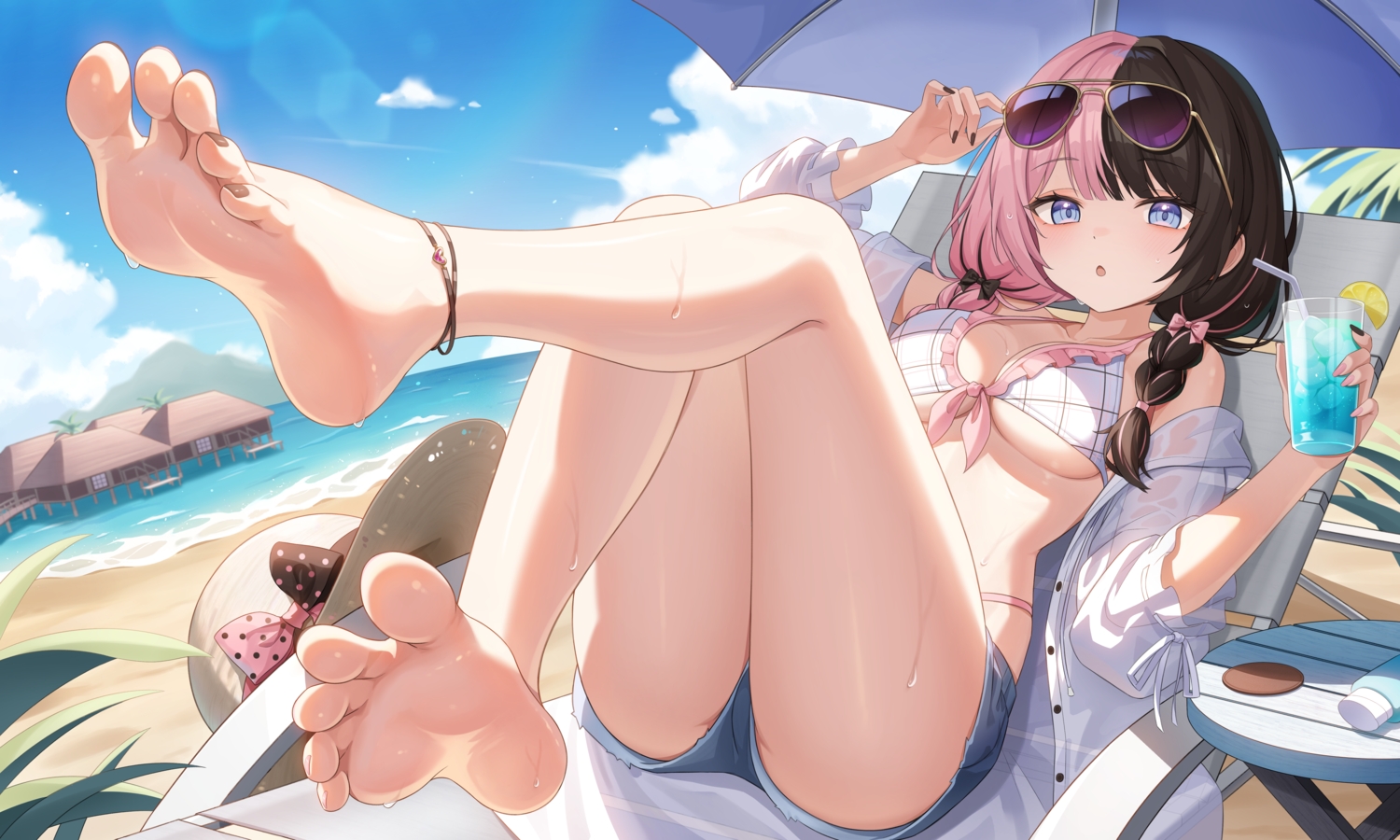 barefoot, beach, bikini, blue_eyes, bow, braids, breasts, clouds