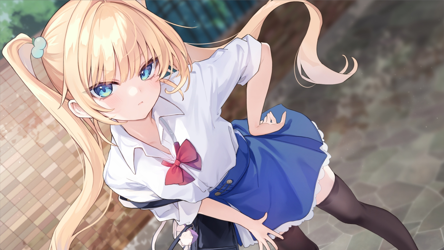 blonde_hair, blue_eyes, blush, bow, close, kedama_milk, long_hair, school_uniform