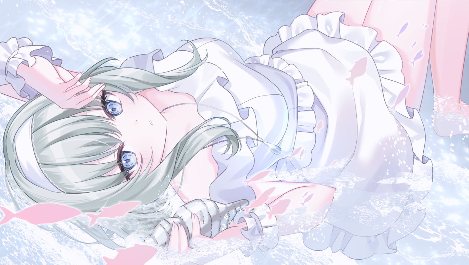 animal, barefoot, blue_eyes, blush, close, dress, fish, green_hair