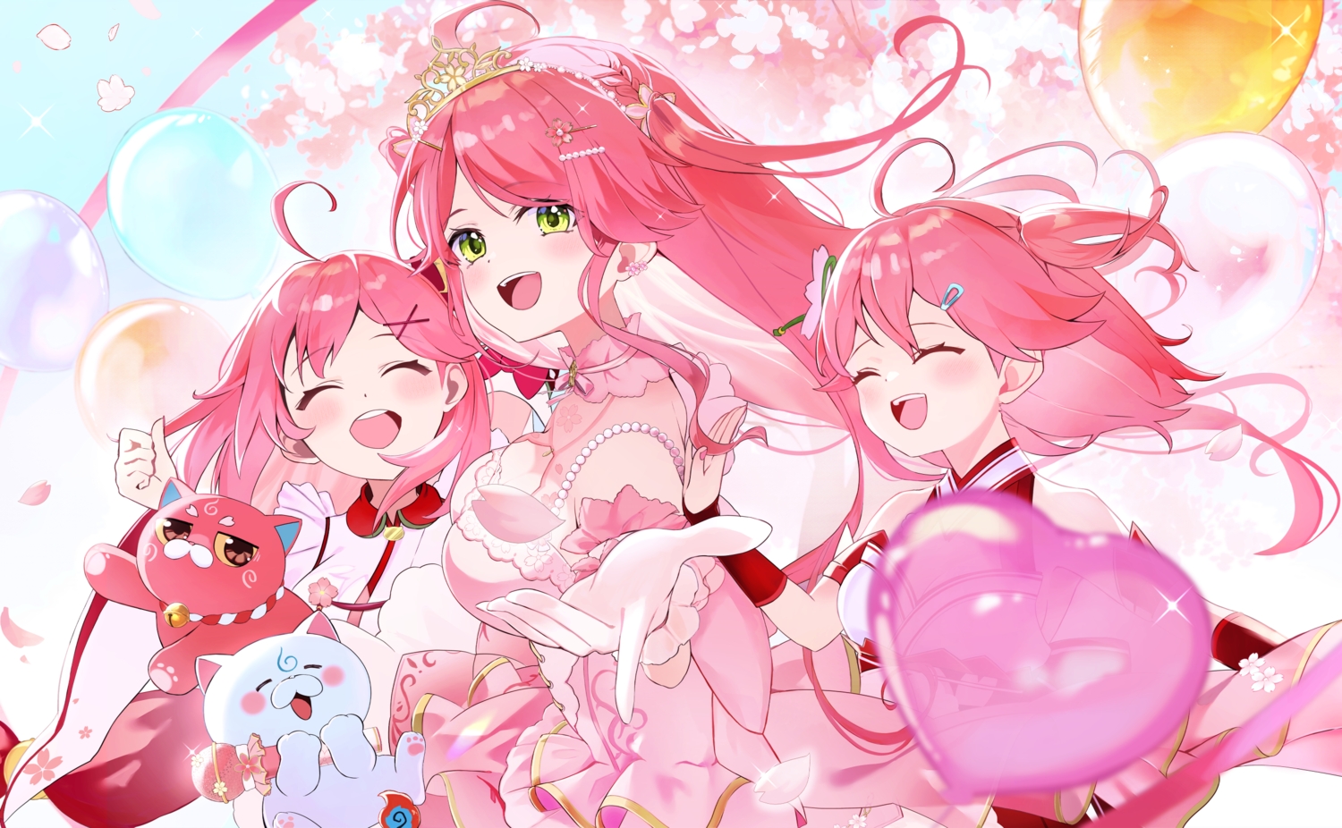 animal, aya02ka, blush, braids, cat, cherry_blossoms, dress, flowers