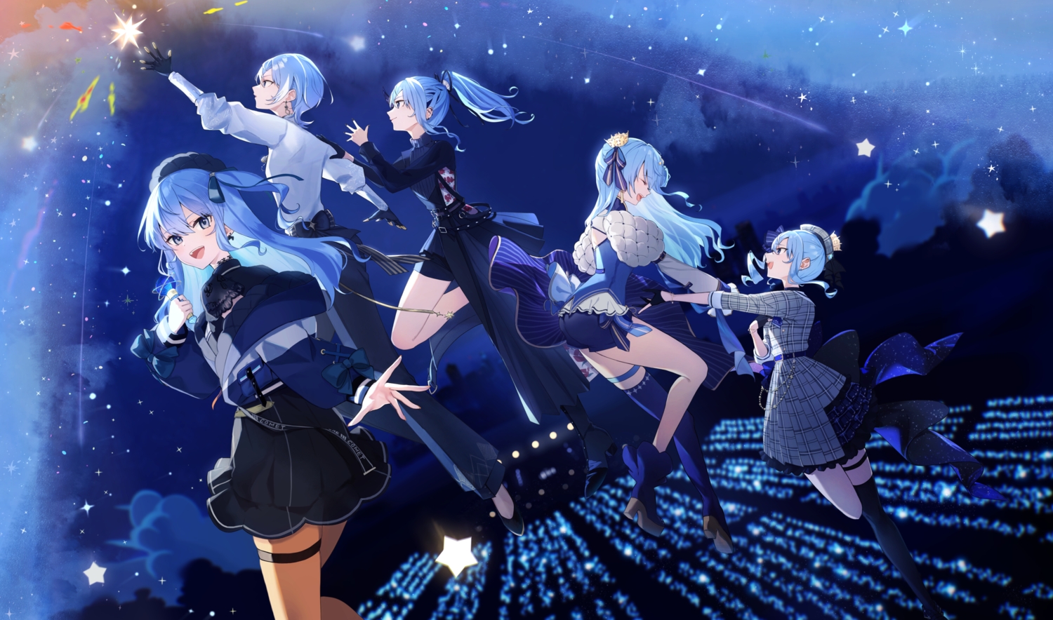 aya02ka, blue_hair, clouds, garter, gloves, group, hololive, hoshimachi_suisei
