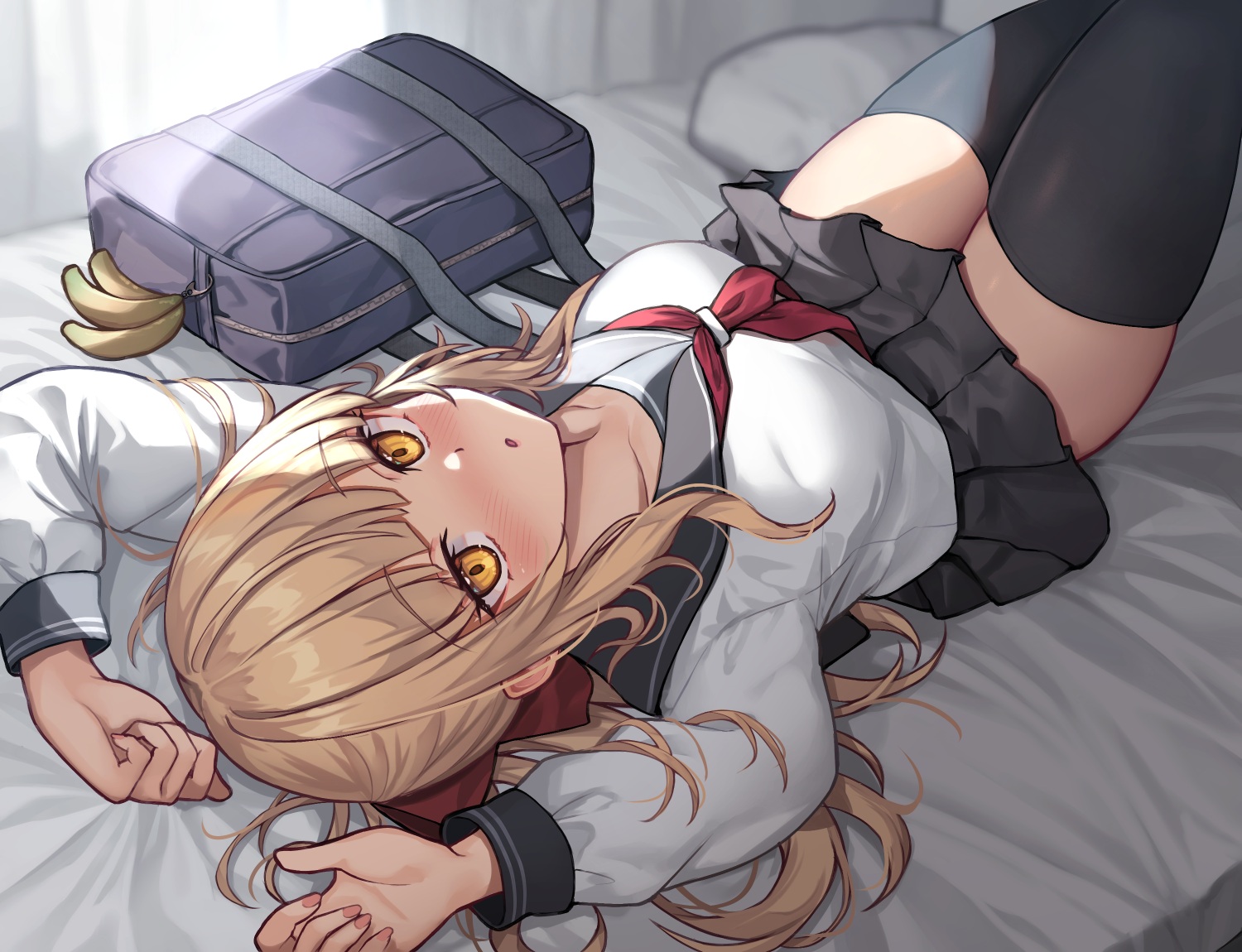 bed, blonde_hair, long_hair, monster_company, orange_eyes, school_uniform, skirt, tagme_(character), thighhighs, wowoguni