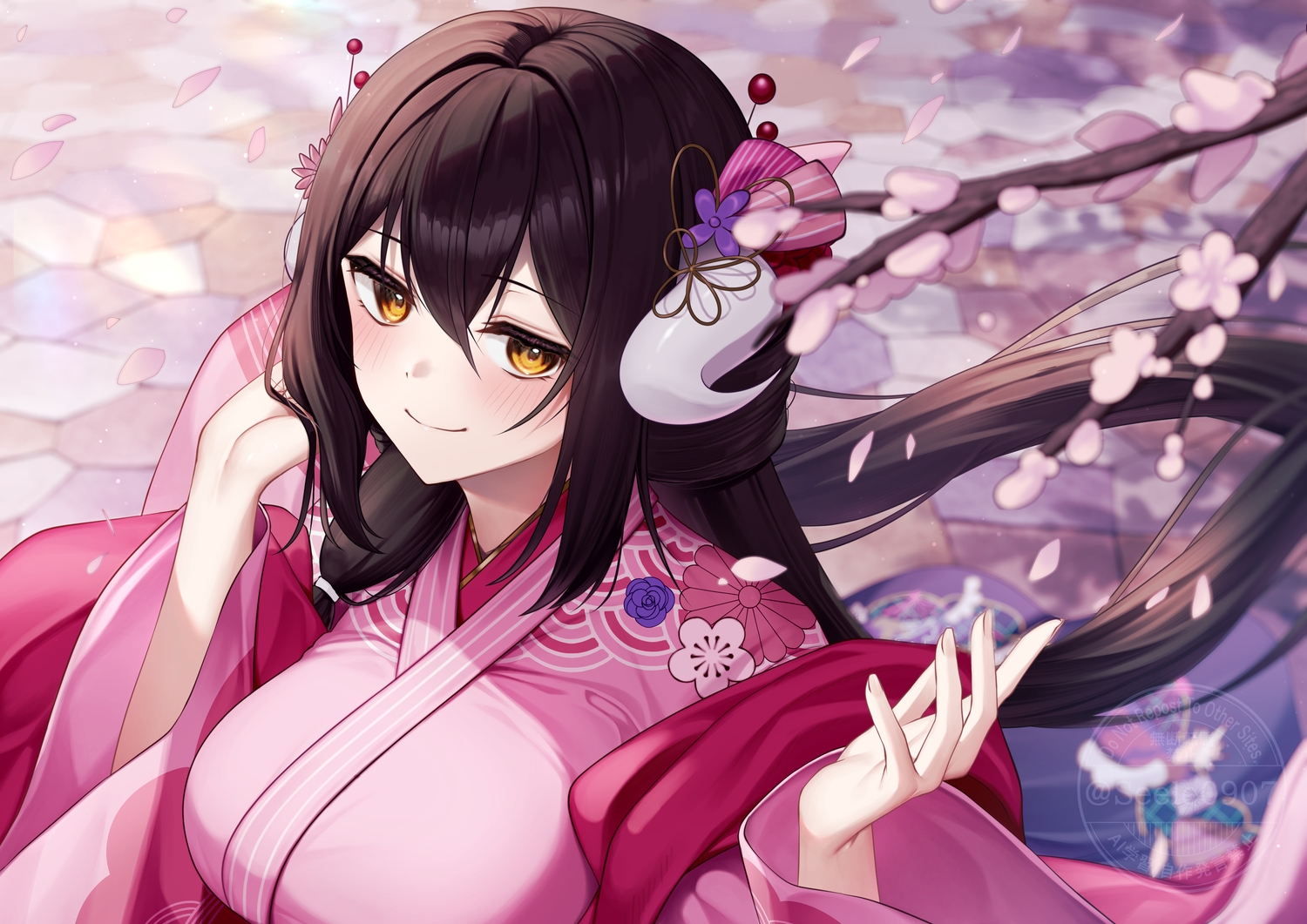 anthropomorphism, azur_lane, brown_eyes, brown_hair, cherry_blossoms, close, flowers, horns