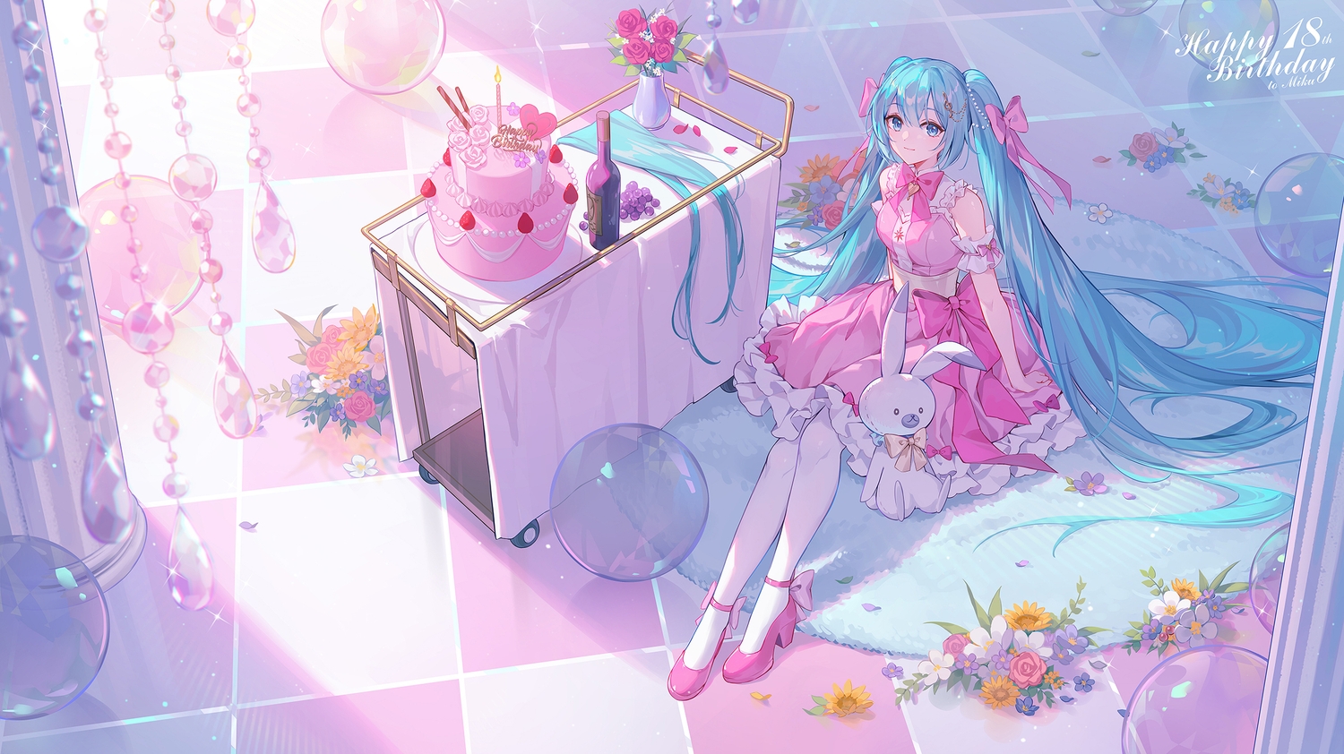 aqua_hair, bunny, cake, dress, drink, flowers, food, hatsune_miku