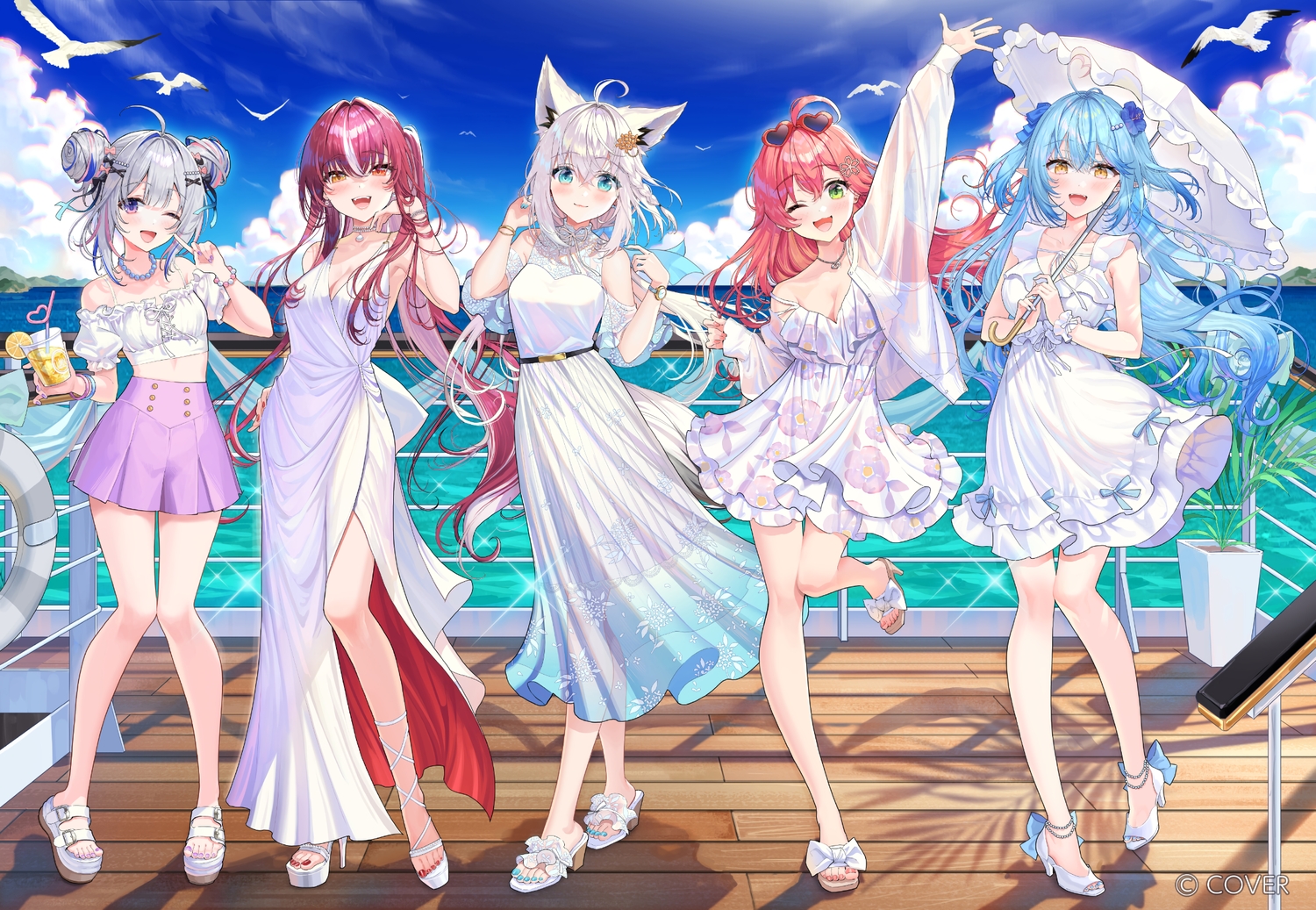 aliasing, amane_kanata, animal, animal_ears, aqua_eyes, bicolored_eyes, bird, blue_hair