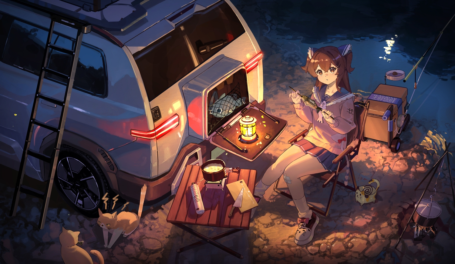 animal, bandage, brown_eyes, brown_hair, car, cat, fish, food