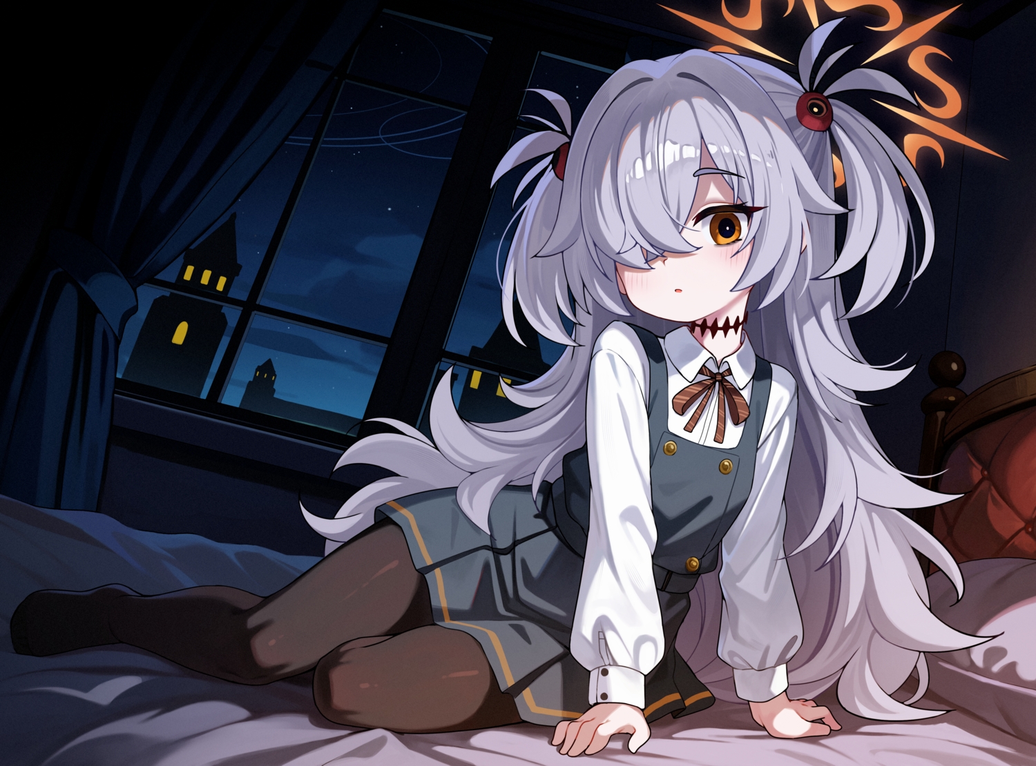 bed, blue_archive, blush, building, clouds, dress, gray_hair, halo