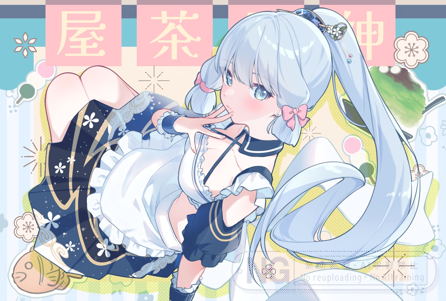 apron, blush, bow, breasts, cleavage, food, genshin_impact, gray_eyes