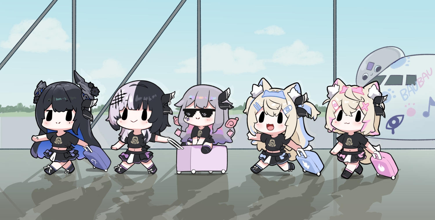 aircraft, animal_ears, black_eyes, black_hair, blonde_hair, blush, cat_smile, chibi, clouds, doggirl, fang, fuwawa_abyssgard, gray_hair, group, hololive, horns, koseki_bijou, long_hair, mococo_abyssgard, nerissa_ravencroft, shiori_novella, short_hair, skirt, sky, snowmya, sunglasses, tail, uniform