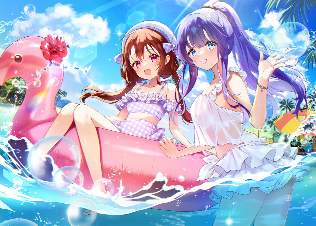 2girls, bikini, blue_eyes, blush, bow, brown_hair, hat, long_hair