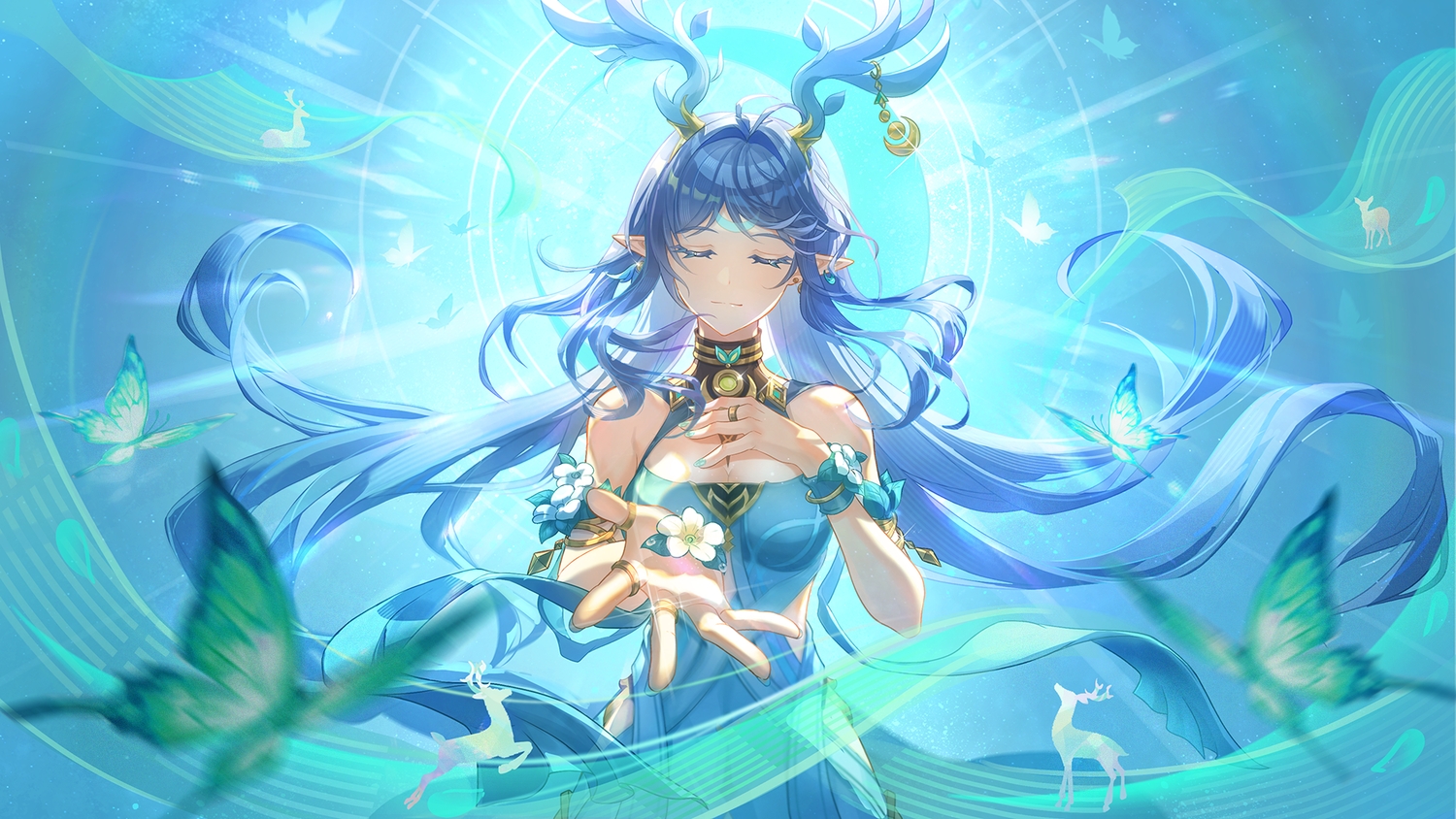 blue, blue_hair, butterfly, dress, genshin_impact, horns, lauma_(genshin_impact), long_hair, magic, manyu_chapaofan, pointed_ears, wristwear