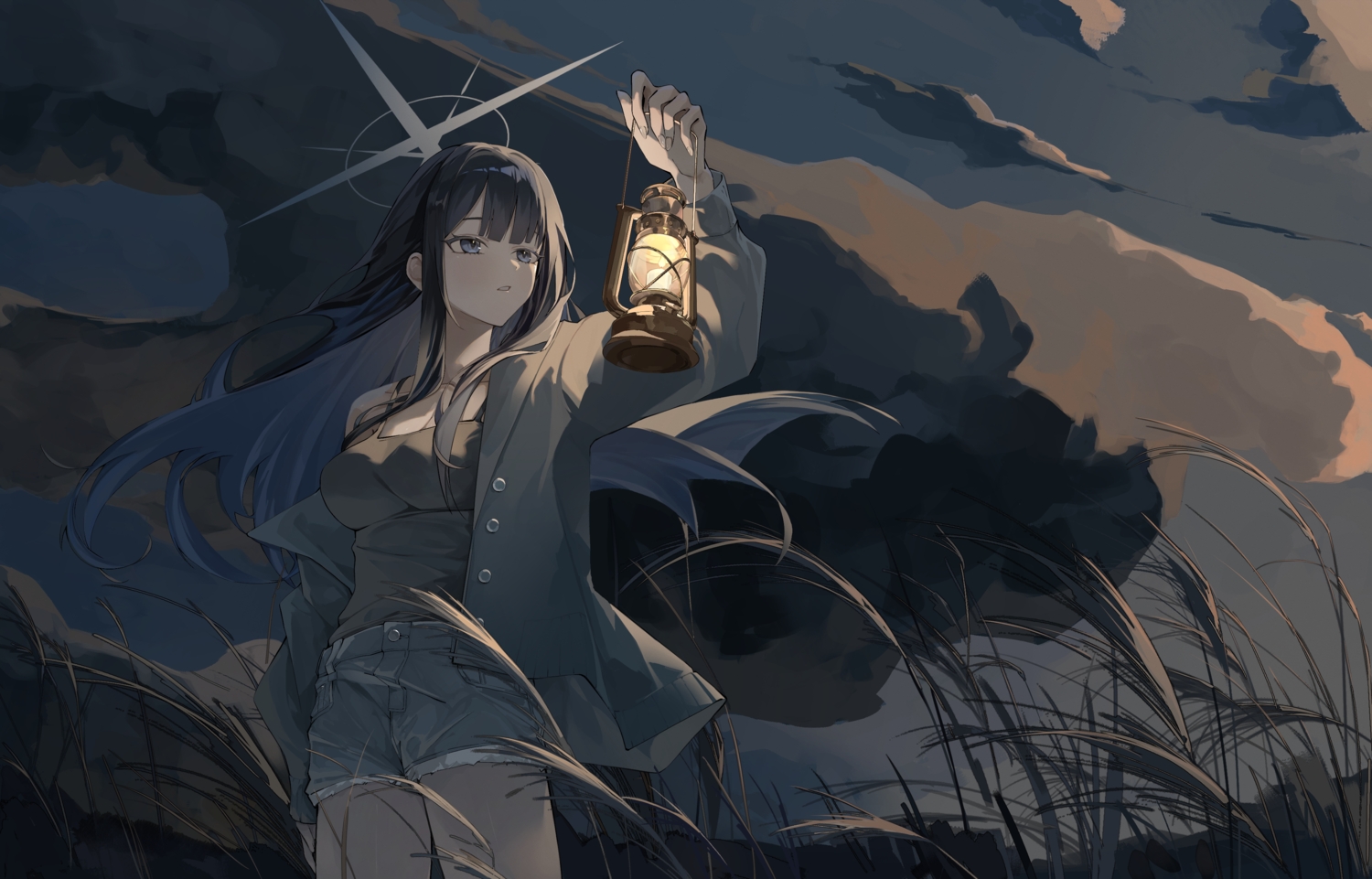 black_hair, blue_archive, blue_eyes, blush, breasts, cleavage, clouds, dark