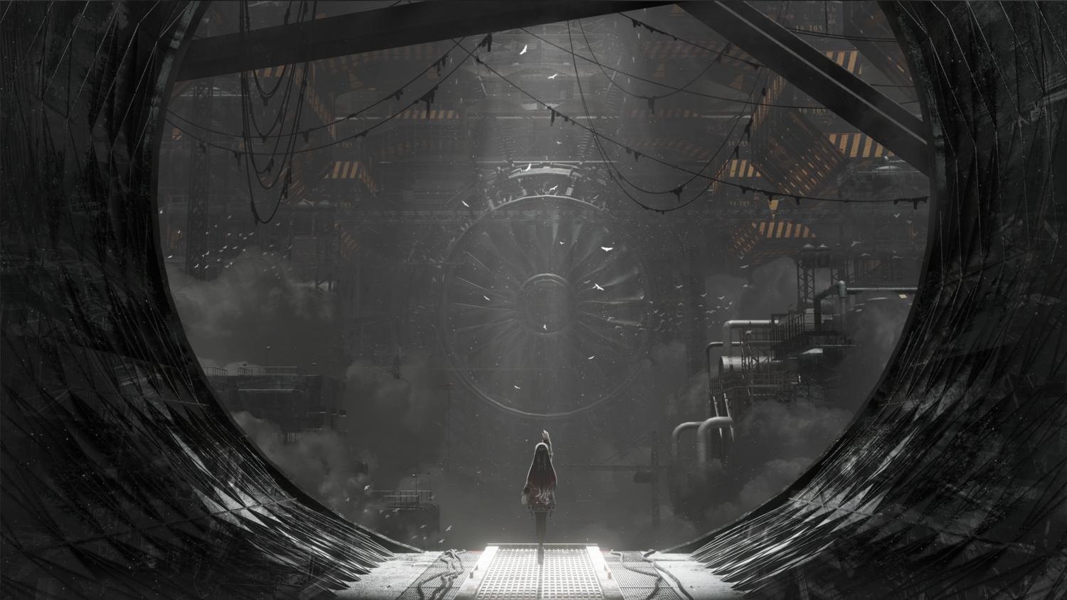 3d, black_hair, industrial, long_hair, lucia_(pgr), punishing:_gray_raven, scenic, zi_dianli_chang