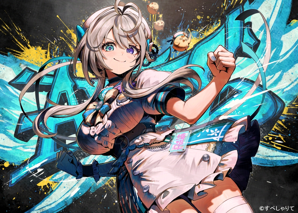aliasing, animal, bicolored_eyes, bird, bow, choker, dress, graffiti