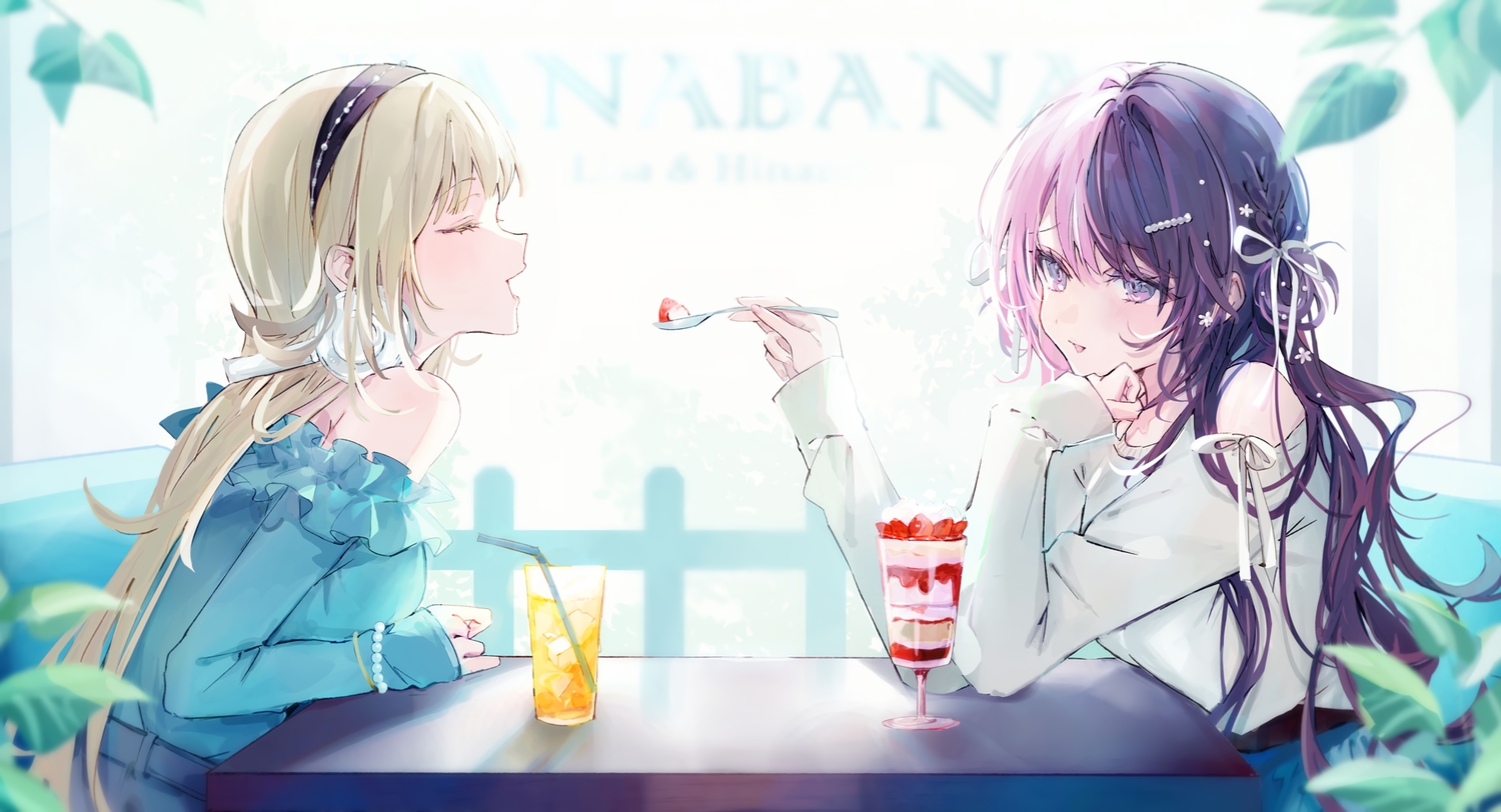 2girls, blonde_hair, bow, braids, drink, food, fruit, hanabusa_lisa