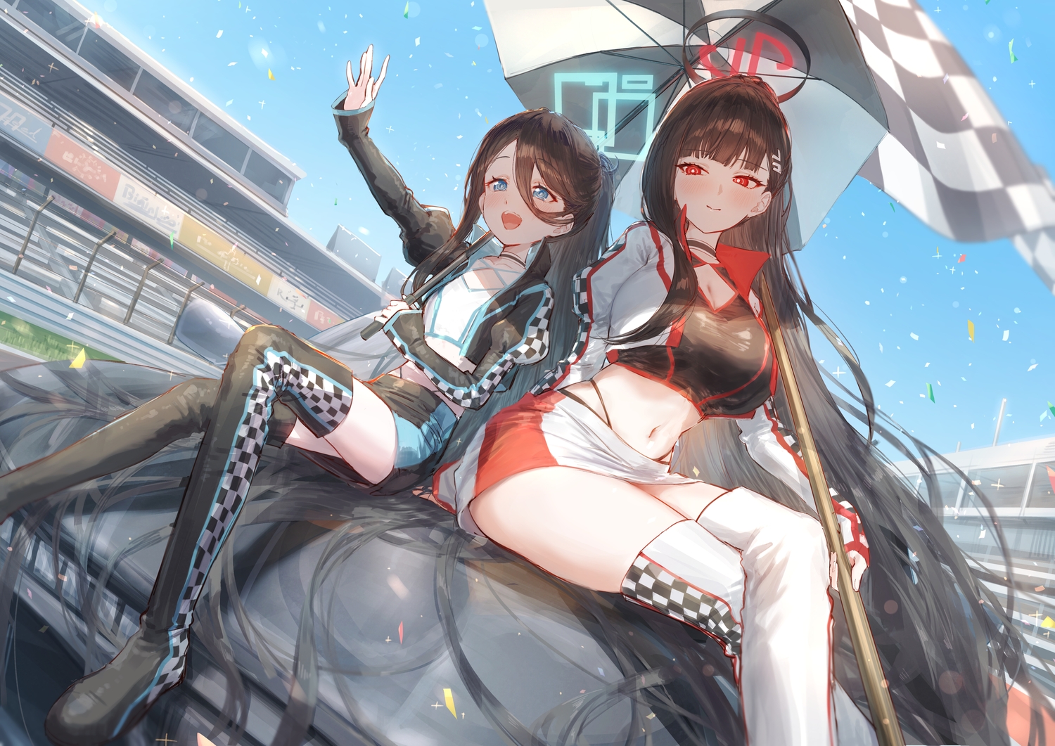 2girls, black_hair, blue_archive, blue_eyes, blush, boots, breasts, car