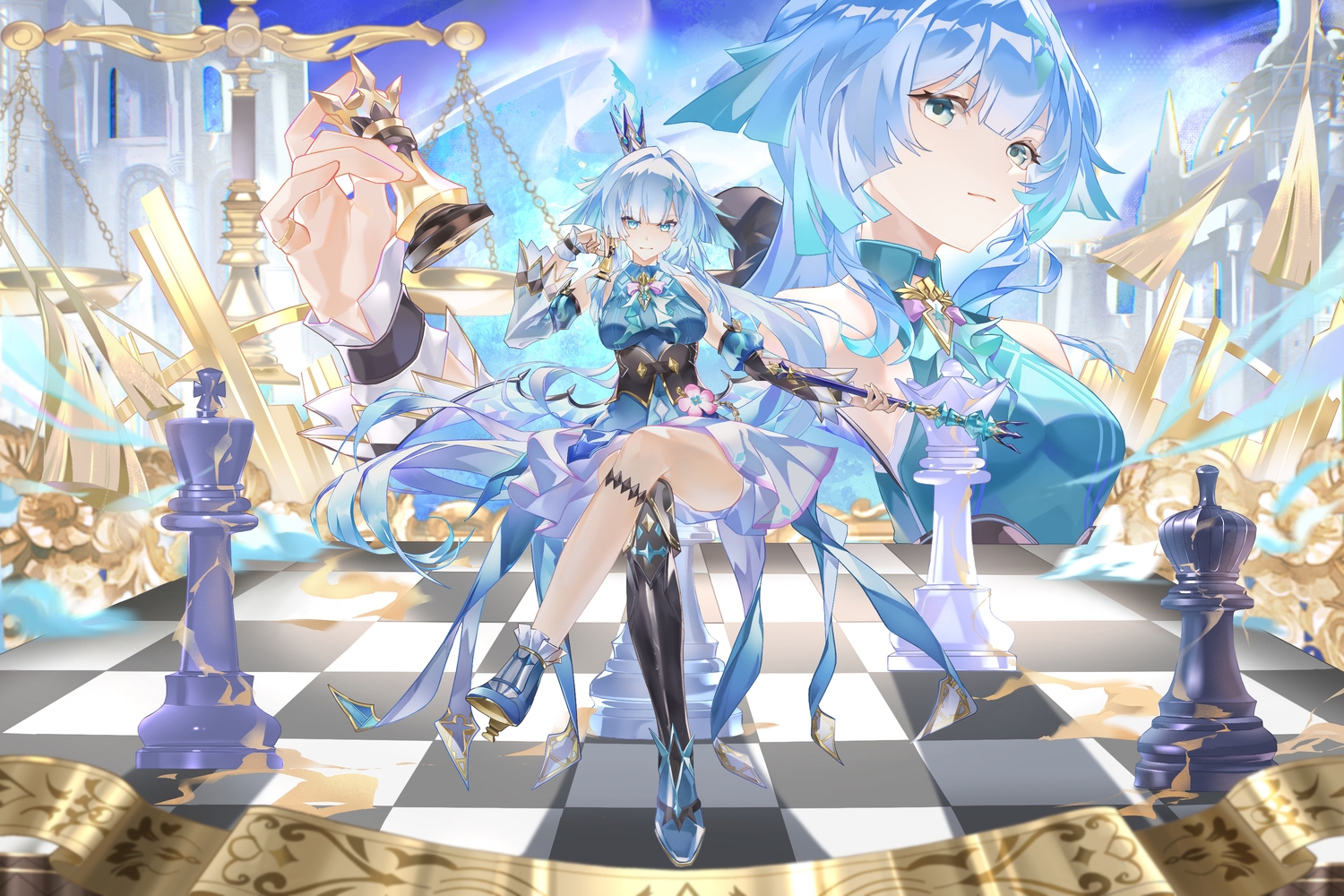 aliasing, aqua_eyes, boots, cerydra_(honkai:_star_rail), corset, crown, dress, fire