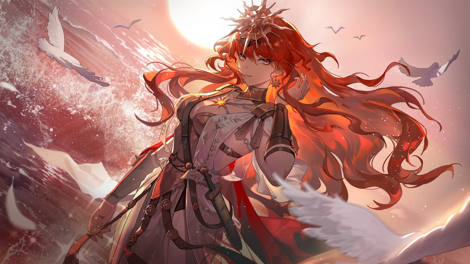 animal, armor, augusta_(wuthering_waves), bird, breasts, cleavage, headdress, red_eyes, red_hair, sunset, tagme_(artist), third-party_edit, water, wuthering_waves