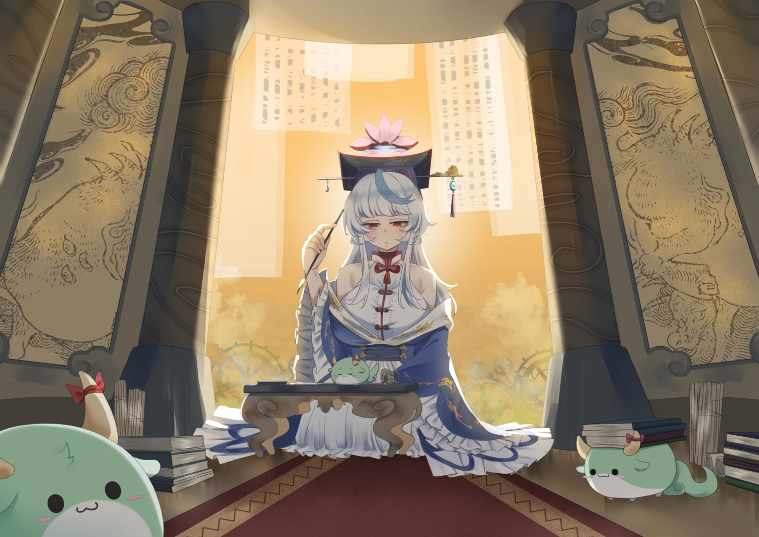 book, cat_smile, dress, hat, japanese_clothes, kamishirasawa_keine, long_hair, no_noru