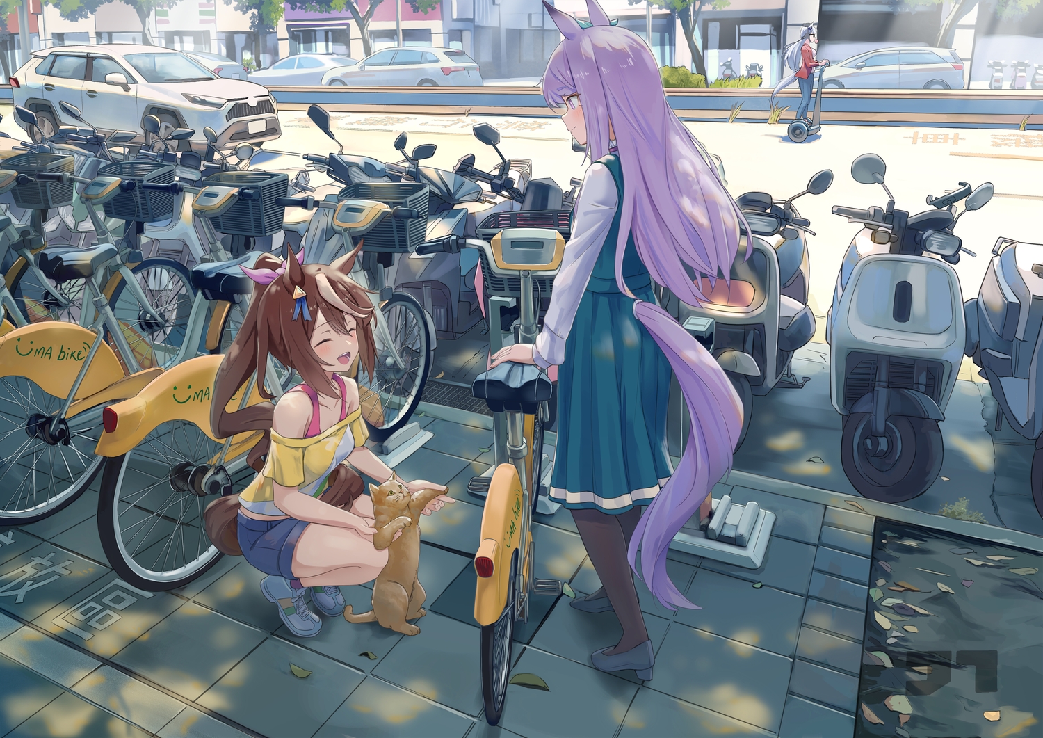 aliasing, animal, animal_ears, anthropomorphism, bicycle, blush, brown_hair, building
