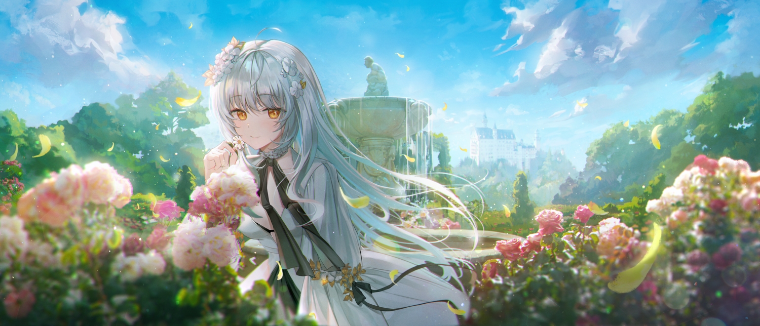 bikini_top, bow, choker, clouds, dress, flowers, gray_hair, indie_virtual_youtuber