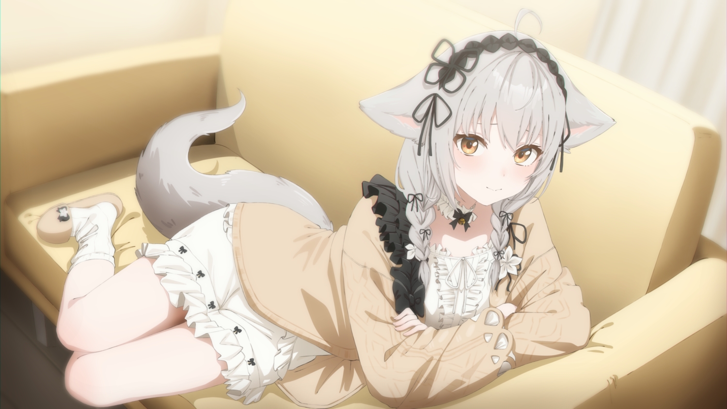 animal_ears, bell, bow, braids, brown_eyes, choker, couch, dress, gray_hair, headdress, indie_virtual_youtuber, lolita_fashion, long_hair, socks, sofieru_(vtuber), tagme_(artist), tail, twintails