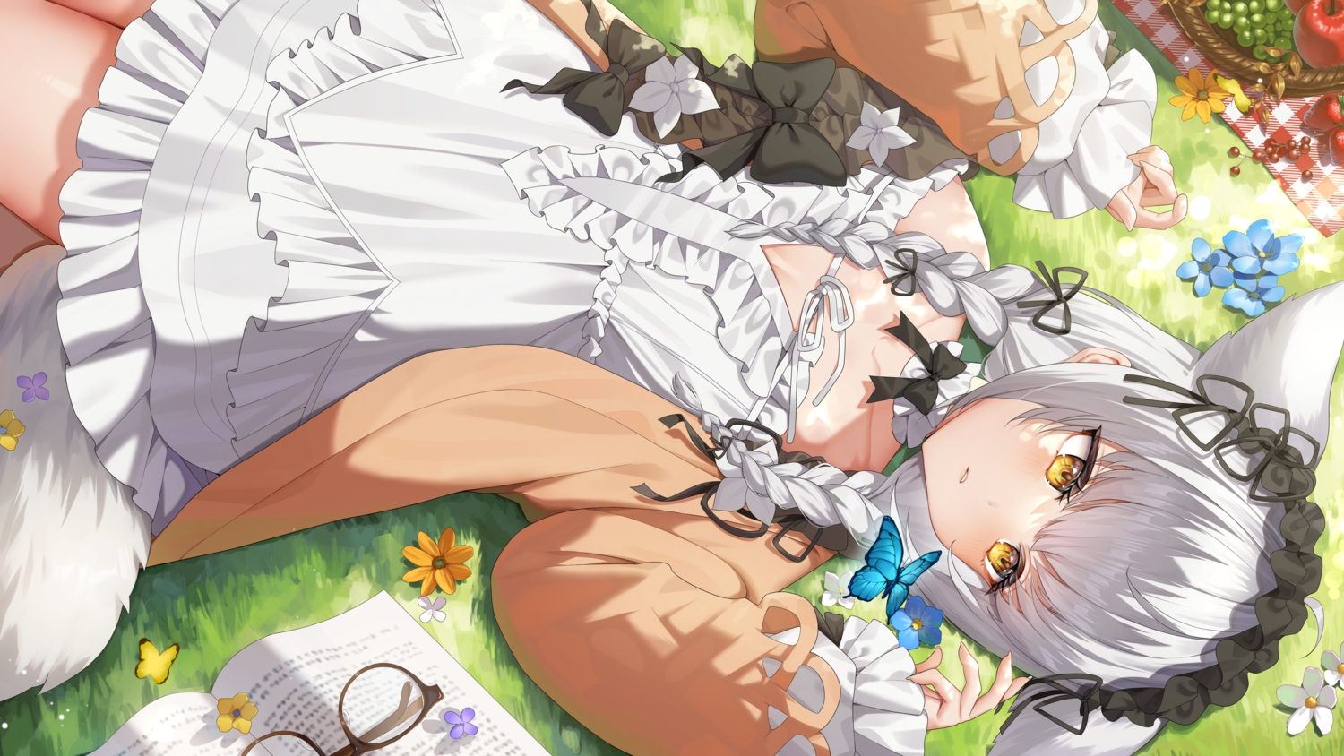 animal_ears, apple, blush, book, bow, braids, butterfly, choker