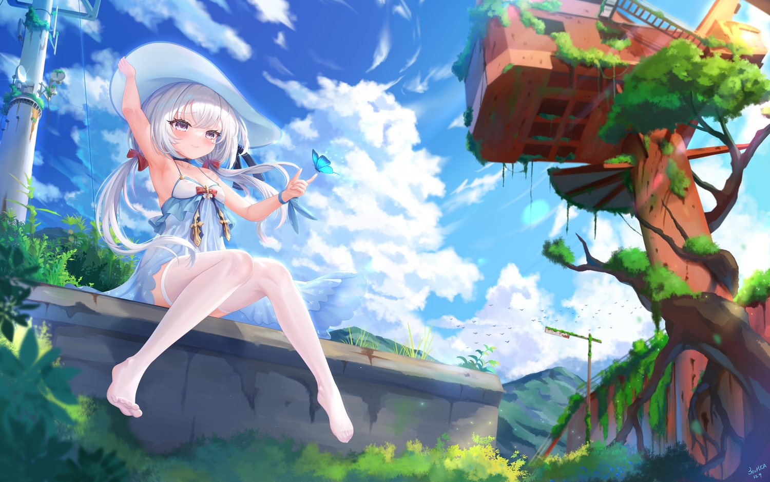 anthropomorphism, azur_lane, blush, bow, building, butterfly, choker, clouds