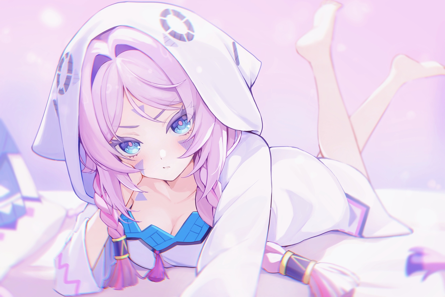 barefoot, blue_eyes, blush, braids, breasts, citlali_(genshin_impact), cleavage, close