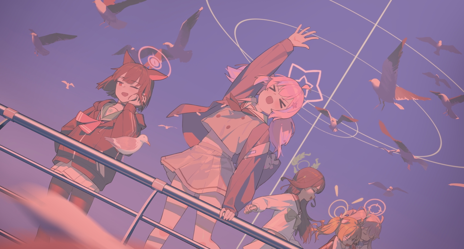 animal, animal_ears, bird, black_hair, blonde_hair, blue_archive, catgirl, choker