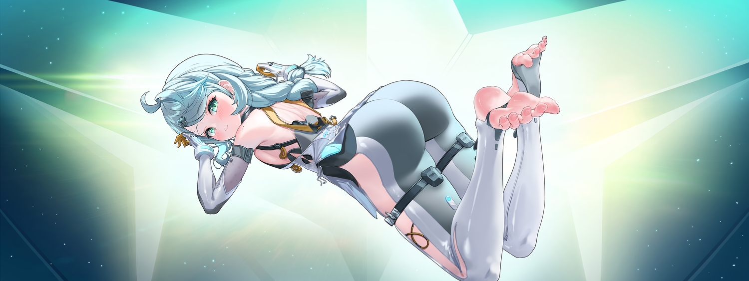 aqua_eyes, aqua_hair, ass, barefoot, blush, bodysuit, braids, breasts